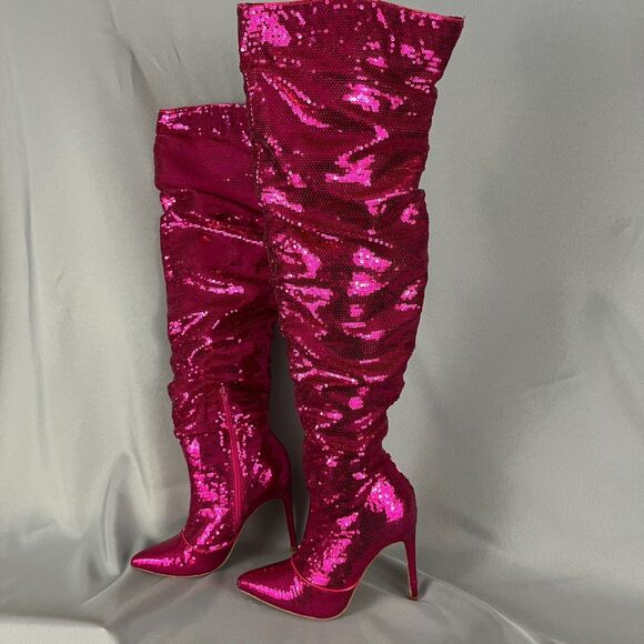 Womens Knee High Boots 6 Metallic Pink Sequin Pointed Toe Stiletto Heel Side Zip - Picture 3 of 11